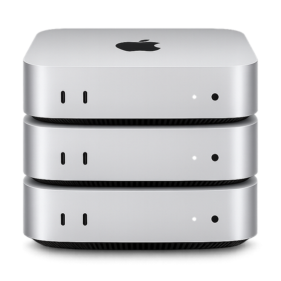 Cluster di tre Mac mini impilati: l’hardware su cui gira Kleon Suite in azienda.